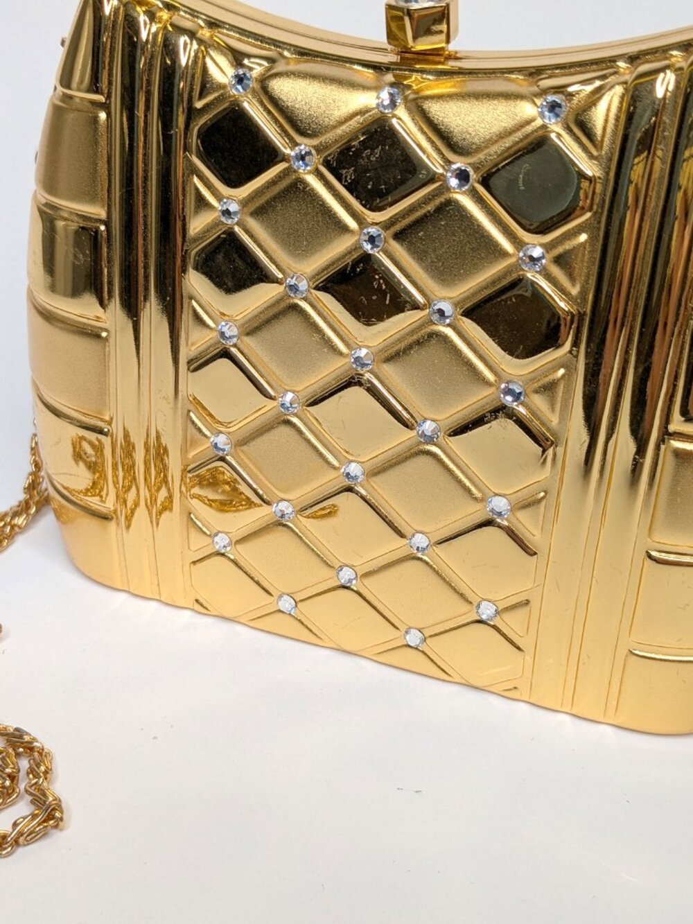 Vintage Gold Hard Shell Rhinestone Evening Bag Metal Box Clutch Crossbody Purse - Picture 12 of 14